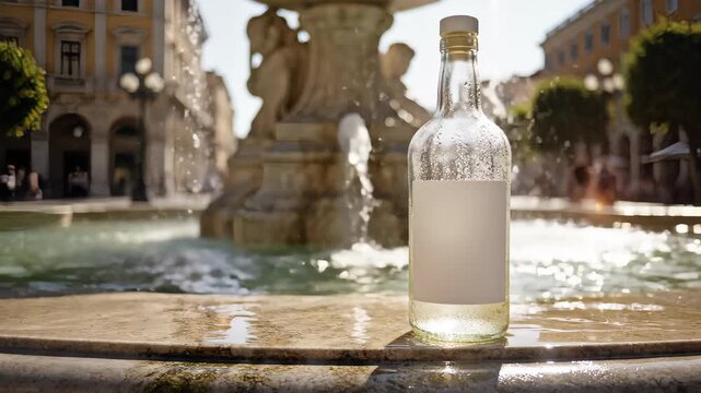 Clear Bottle Mockup on Wet City Fountain Ledge