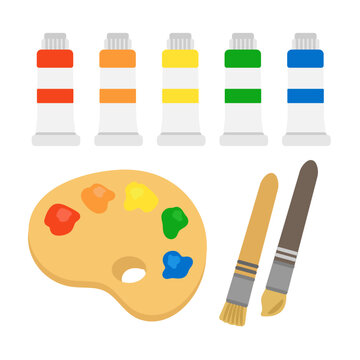 5種類の絵の具・パレットと筆のイラストセット