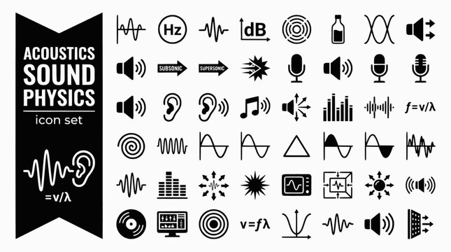 Acoustics Sound Physics Bold Line Icons-Sound Wave Frequency Amplitude Decibel Doppler Resonance Standing Wave Echo-20 Acoustics Icon Set Vector - Sound Physics Icons