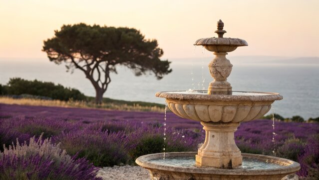 Elegant stone fountain overlooking lavender fields and the ocean
