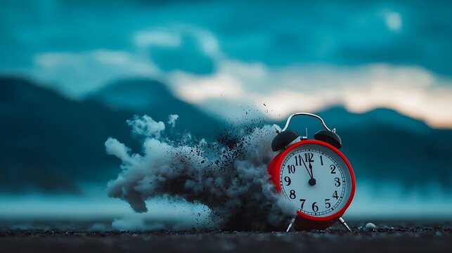 Conceptual representation of time explosive moment with a red alarm clock surrounded by a cloud of dust on a scenic background