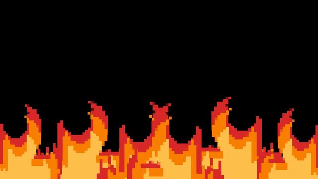 Pixel art flame isolated on black background. Bright Burning fire, flying sparks. Old school 80s, 90s graphic style animation. Computer, console video games. 8 bit. Seamless loop footage. 4K clip