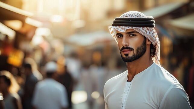 Arab Handsome Young Man in Traditional Emirati Clothing Ghutra and Thobe Standing in a Bustling City Souk with a Confident Expression