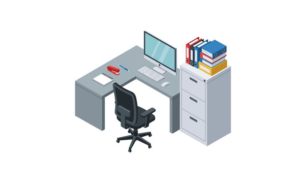 Isometric Office Workspace with Desk, Chair, Computer, and Filing Cabinet.