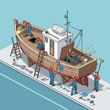 Workers repairing a wooden boat on a dock.