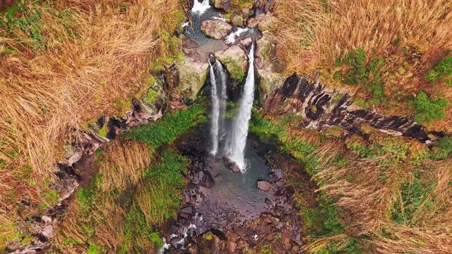 Aerial View of Cascata do Salto do Cabrito waterfall Sao Miguel Azores, Portugal