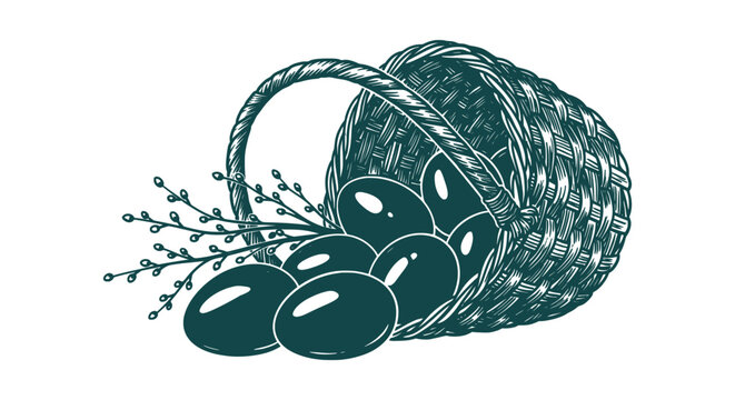 Hand drawn vintage engraving of an Easter basket with eggs and pussy willow on white background