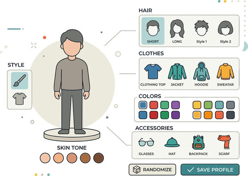 Avatar creator interface with options for character customization including hair, clothing, colors, and accessories