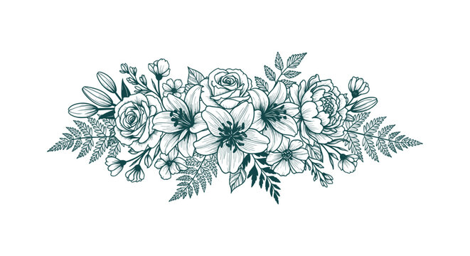 Decorative Floral Line Art Border with Blooming Roses Lilies Peonies and Ferns Botanical Design