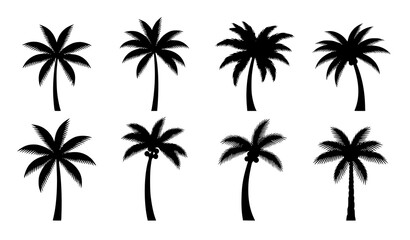 Obraz premium Minimal palm and coconut tree silhouettes icons clean tropical vector illustration set