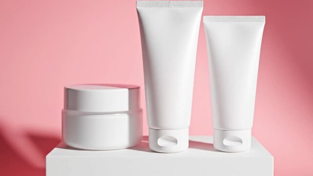 Glass dropper bottle for facial serum with white podium on pink background studio lighting close-up shot