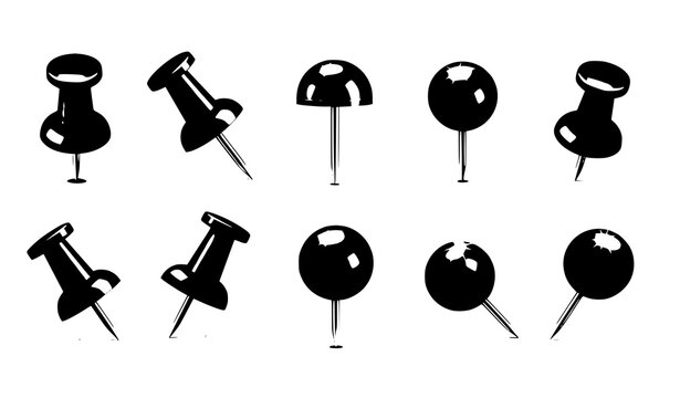 Black push pins set with glossy heads and metal needles realistic office stationery vector illustration