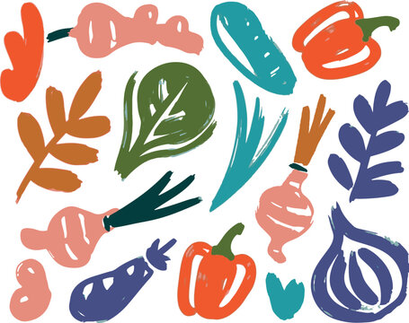 Assorted hand painted vegetables and leaves collection on transparent background.
