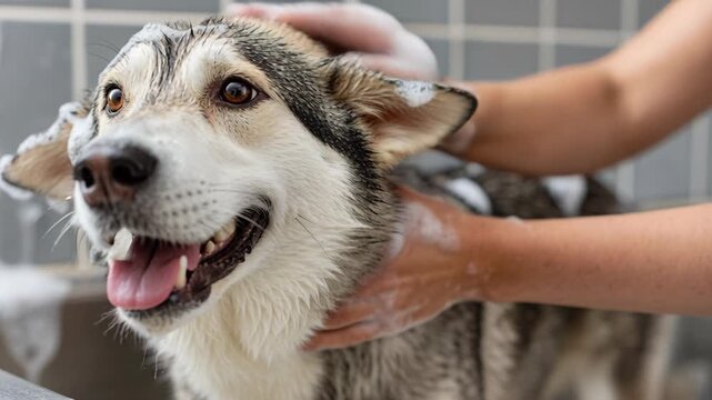 A happy husky being washed with white soapy foam by a professional groomer in a bathtub area.