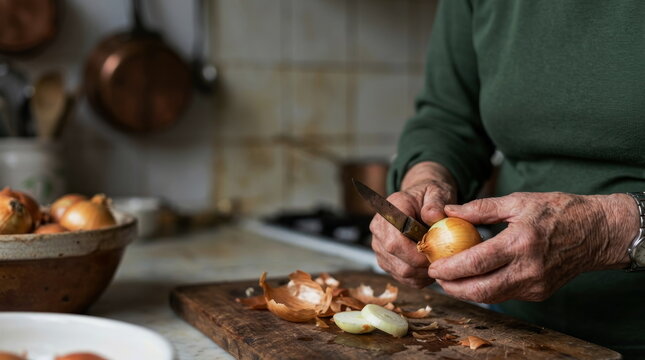 Senior Woman Hands Peeling Slicing Fresh Golden Onions on Wooden Kitchen Cutting Board Real life imperfect moments