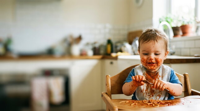 cute messy toddler eating spaghetti tomato sauce modern kitchen high chair adorable child messy eating Real life imperfect moments