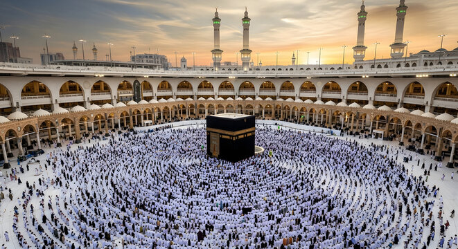 Aerial view of pilgrims circling the Kaaba in Masjid al-Haram