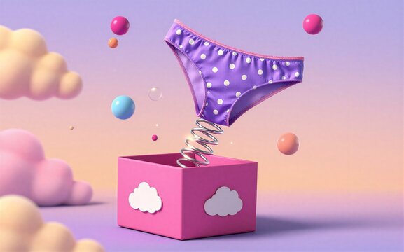 Purple polka-dot underwear springs from a pink cloud-themed box with