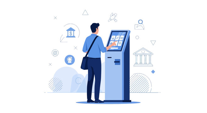 Man Using Self-Service Kiosk for Banking Transactions and Payments