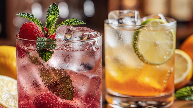 Refreshing Cocktails with Fresh Fruits and Ice.