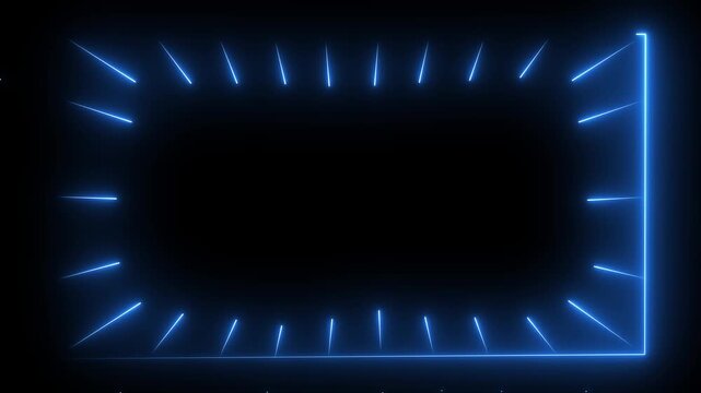 Futuristic Blue Neon Grid Frame with Perspective Lines and Glowing Tunnel Effect on Black Background