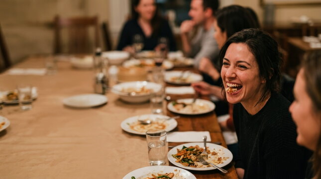 Happy Woman Laughing While Enjoying Delicious Dinner Party With Friends at Restaurant Real life imperfect moments