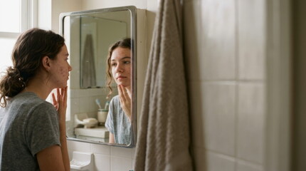 Obraz premium Young Woman Looking at Acne on Face in Bathroom Mirror Reflection Skin Care Concept Real life imperfect moments