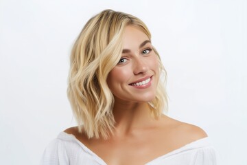 Naklejka premium smiling young woman with blonde wavy bob hair isolated on white