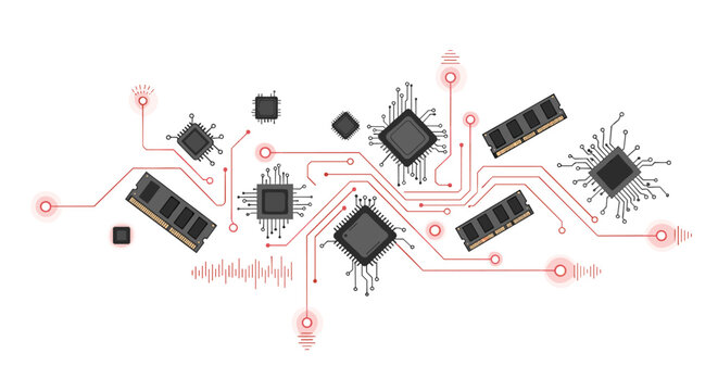 Various dark gray microchips and RAM sticks are arranged in a dynamic pattern connected by glowing red circuit board traces on a pristine white background.
