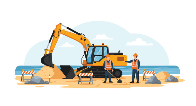 A large yellow excavator sits on a sandy beach while two construction workers in orange safety vests discuss the coastal project near striped traffic barriers.