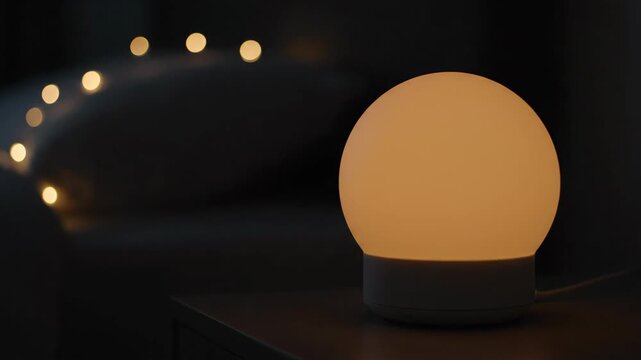 Night light glows on bedside table creating warm illumination, comfort and light.