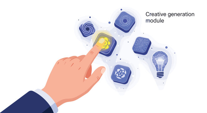 A human hand interacts with a glowing yellow creative generation module surrounded by various blue digital icons against a clean and minimalist white background.