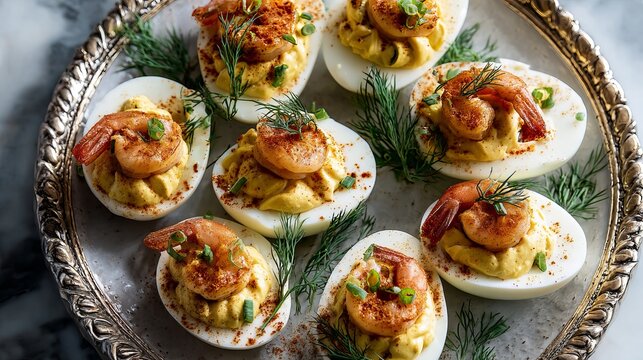 A platter of deviled eggs with shrimp and herbs on a marble surface