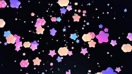 3D rendered colorful stars and polka dot clouds in the dark sky. © tykcartoon