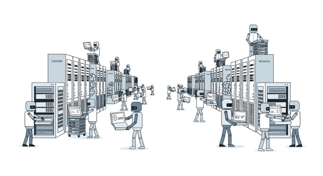 A large group of grey humanoid robots is actively engaged in maintaining and organizing equipment within a vast data center filled with server racks.