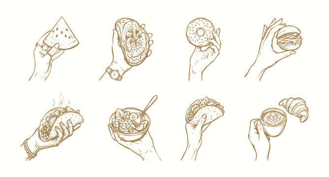 Vintage Hand Drawn Illustration Set of Hands Holding Breakfast and Snack Foods