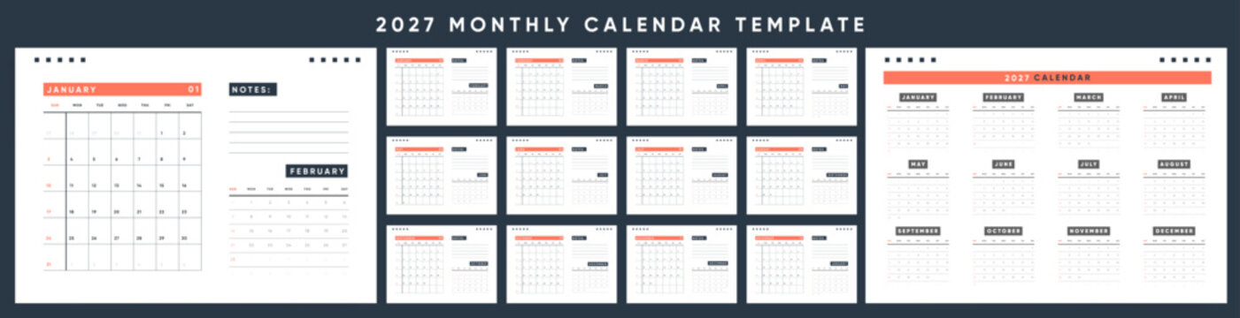 2027 Monthly Calendar template set. Bold dark calendar for 2027 with orange header and notes on dark background. Week starts on Sunday.

