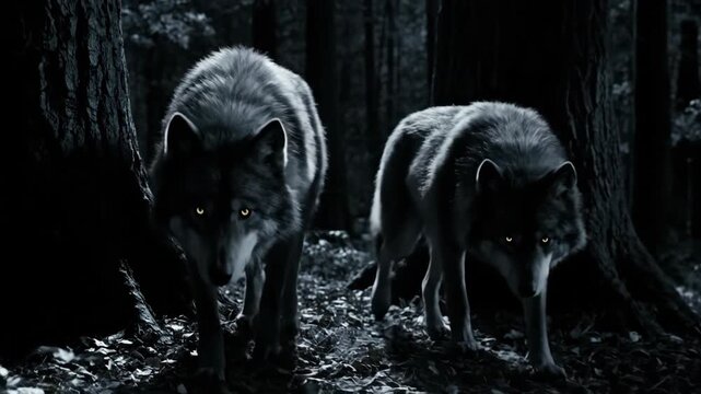 Two wolves in dark forest, wildlife predator at night with eerie glowing eyes.