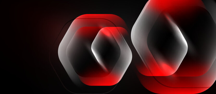 Abstract red hexagons overlap black background. Glossy reflections create dynamic visual effect. Modern design element.