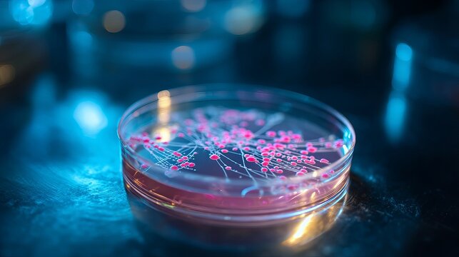 A petri dish containing pink bacteria colonies on a dark blue laboratory surface with blurred background lights.