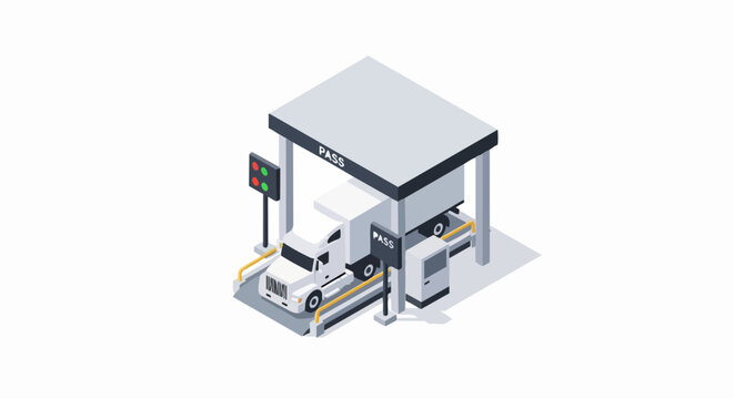 Isometric White Semi-Truck Passing Through Automated Weigh Station and Security Checkpoint for Logistics and Transport Illustration
