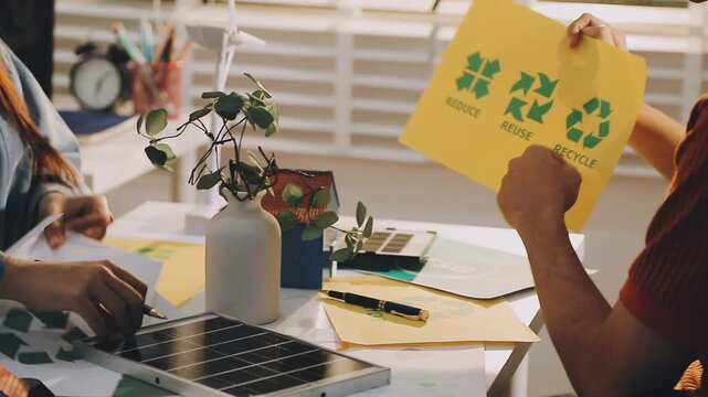 Business executives collaborating on environmental sustainability strategy utilizing renewable energy solutions to achieve net zero targets in corporate meeting.