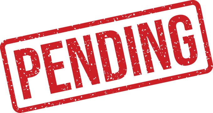 A vivid red rectangular distressed rubber stamp highlighting the word PENDING on a pristine white background