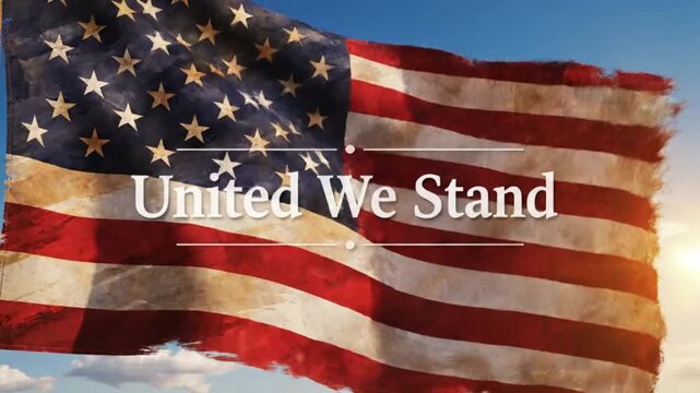 A weathered American flag waving against a bright blue sky with sunset light, high angle close up motion video shot.