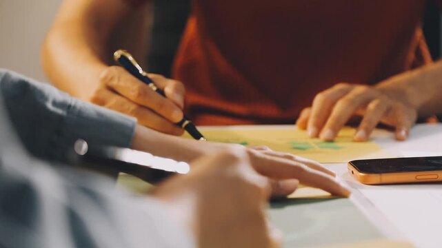 Business executives collaborating on environmental sustainability strategy utilizing renewable energy solutions to achieve net zero targets in corporate meeting.