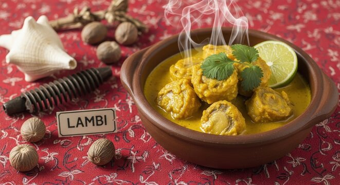 Traditional Caribbean Lambi Conch Curry in Clay Bowl with Madras Accents