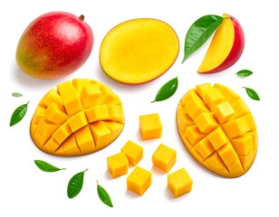 Fototapeta premium Fresh Mangoes Sliced and Diced on White Background.
