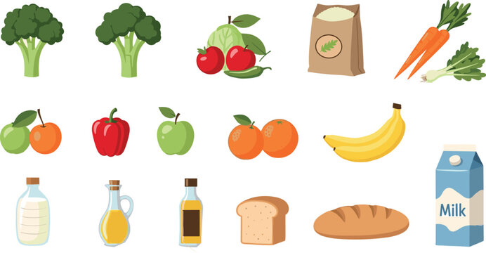 Grocery food icon set with fruits vegetables bread and dairy in colorful flat vector style