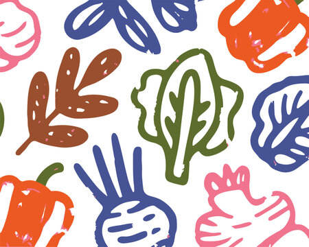 Colorful vegetable sketches pattern with artistic hand drawn garden food elements in seamless design.