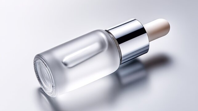 Frosted glass serum dropper bottle unbranded clean label area 3/4 angle soft studio lighting light gray seamless background